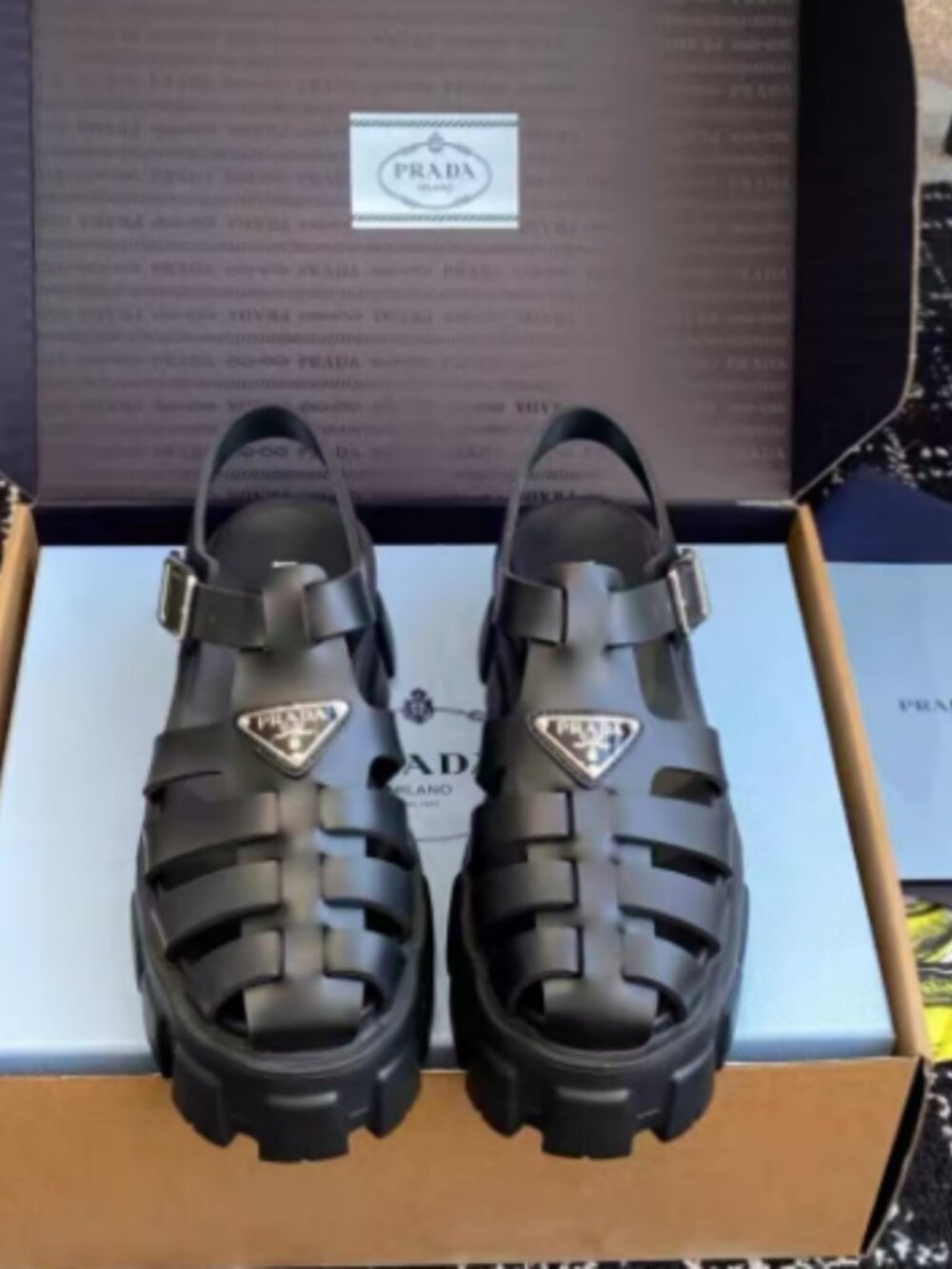 Prada Black Platform Caged Sandals